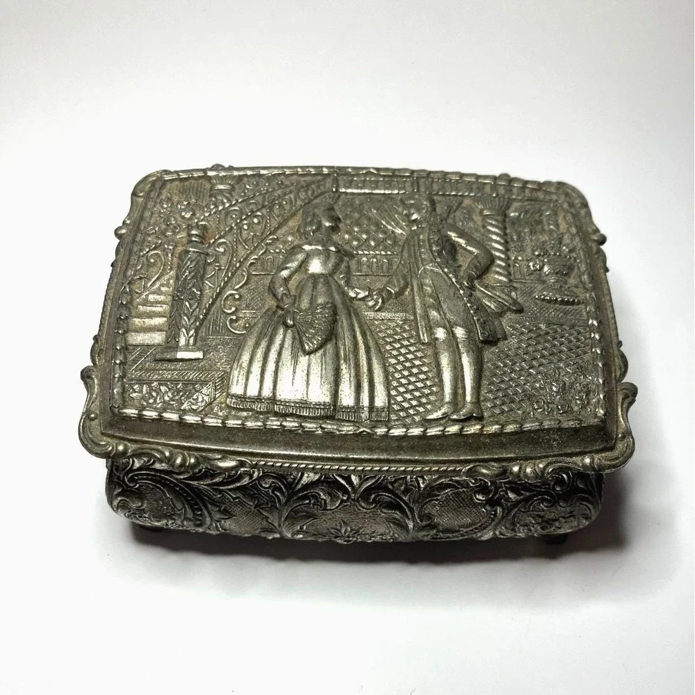 Vintage Japan Ornate Silver Tone Jewelry Trinket Box Victorian Courting Velvet